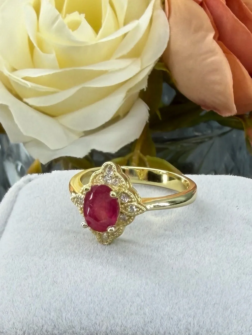 Stunning Natural 7x5mm Oval Ruby Zircon  accent in 14K Yellow GP Ring Size 6
